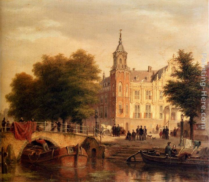A Sunlit Townview With Figures Gathered On A Square Along A Canal painting - Bartholomeus Johannes Van Hove A Sunlit Townview With Figures Gathered On A Square Along A Canal art painting